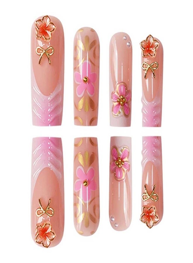 Foccna Pink Press on Nails Artificail Long, French Square Fake Nails, 3D Flowers Acrylic for Women Reusable Nail Kit,24pcs, Gorgeous Nails - Image 4